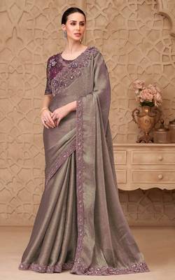 Beige georgette embroidered party-wear-saree 1