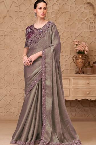 Beige georgette embroidered party-wear-saree