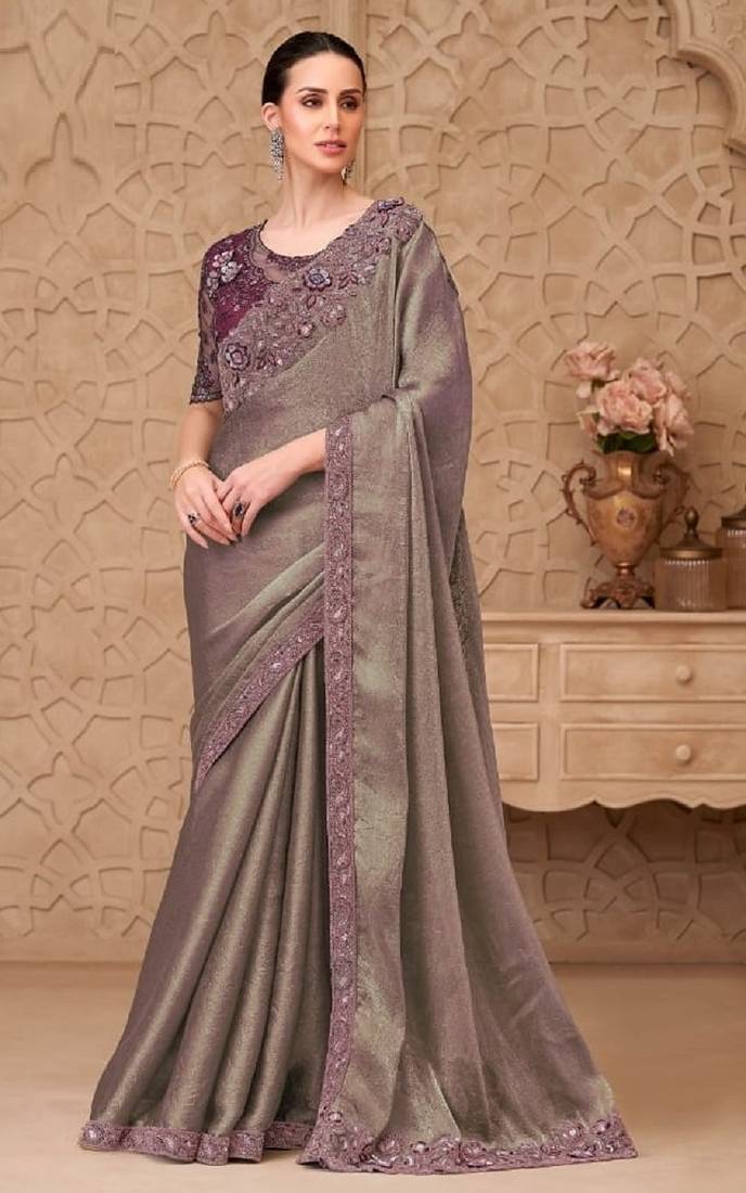Beige georgette embroidered party-wear-saree