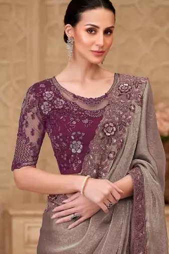 Beige georgette embroidered party-wear-saree
