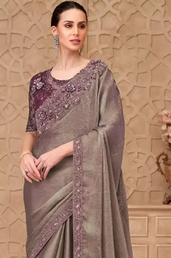 Beige georgette embroidered party-wear-saree