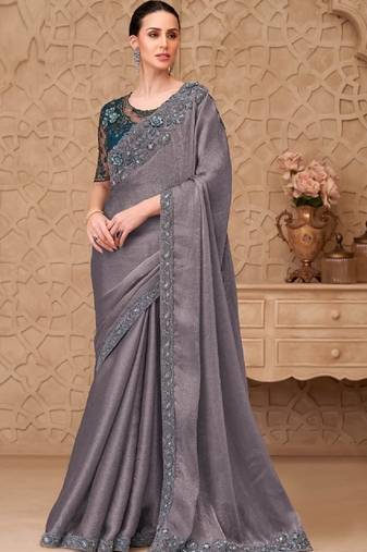 Grey georgette embroidered party-wear-saree