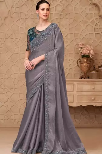 Grey georgette embroidered party-wear-saree