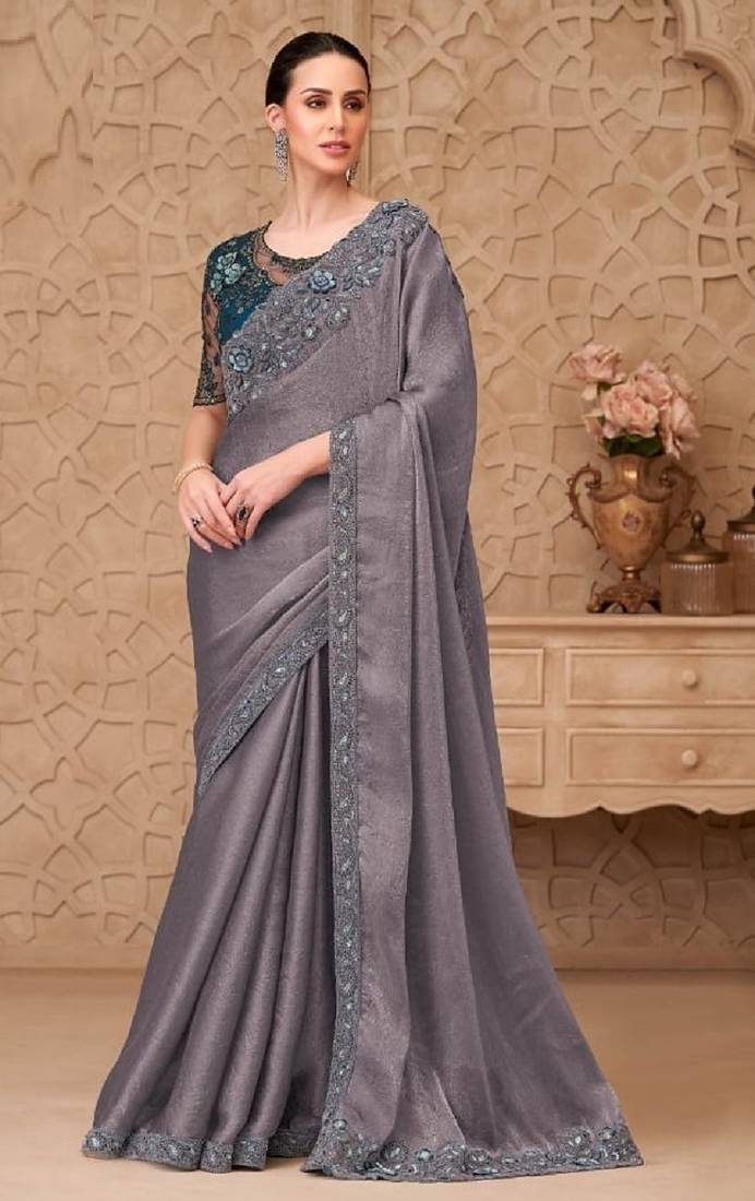 Grey georgette embroidered party-wear-saree