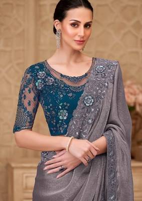 Grey georgette embroidered party-wear-saree 2
