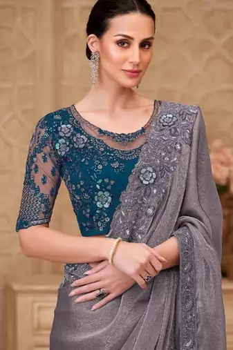Grey georgette embroidered party-wear-saree