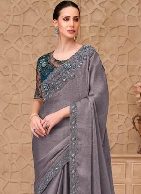Grey georgette embroidered party-wear-saree 3