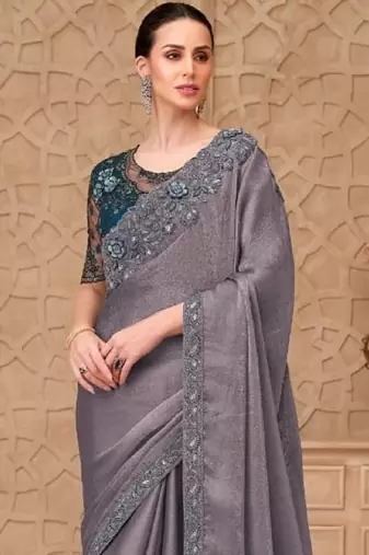 Grey georgette embroidered party-wear-saree