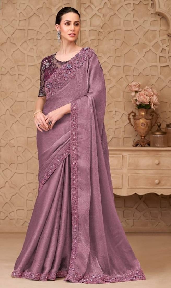 Mauve georgette embroidered party-wear-saree