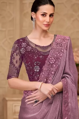Mauve georgette embroidered party-wear-saree