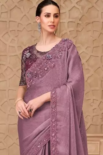 Mauve georgette embroidered party-wear-saree