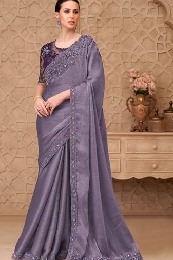 Lavender georgette embroidered party-wear-saree
