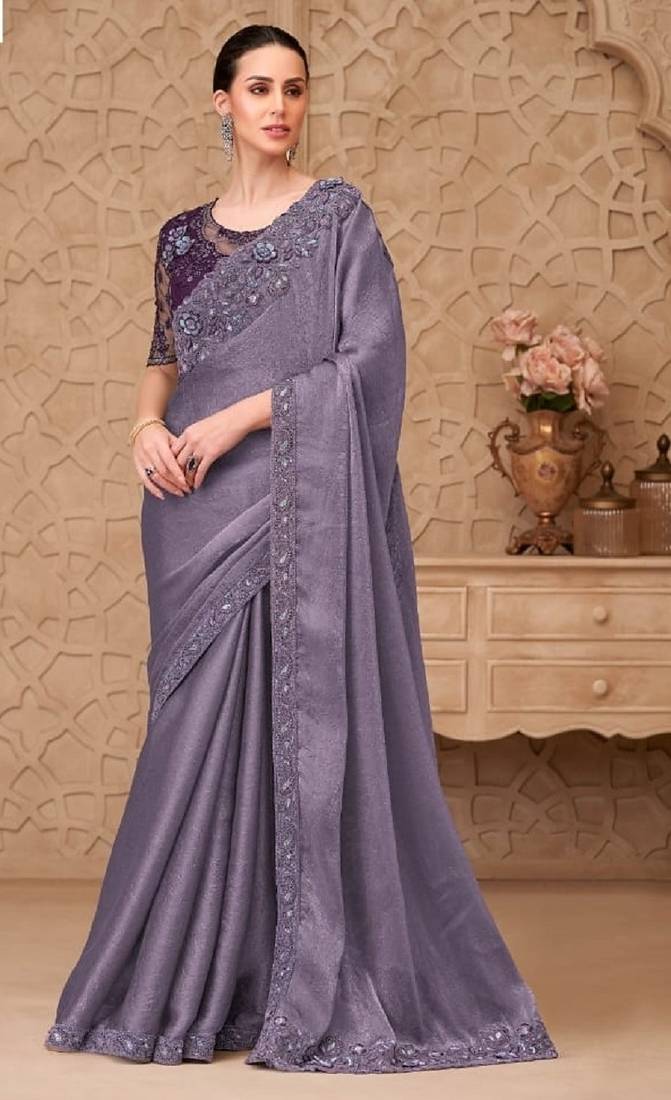Lavender georgette embroidered party-wear-saree
