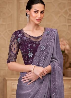 Lavender georgette embroidered party-wear-saree 2