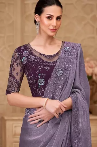 Lavender georgette embroidered party-wear-saree