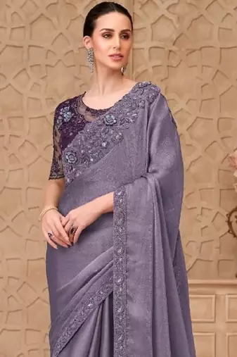 Lavender georgette embroidered party-wear-saree