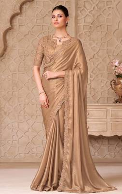 Beige georgette embroidered party-wear-saree 1