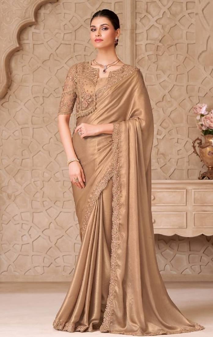 Beige georgette embroidered party-wear-saree