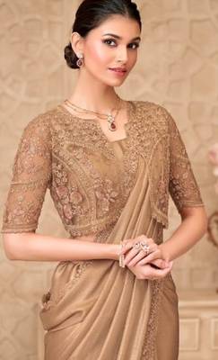Beige georgette embroidered party-wear-saree 2