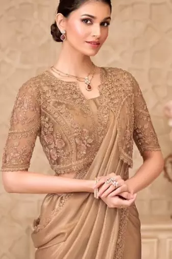 Beige georgette embroidered party-wear-saree