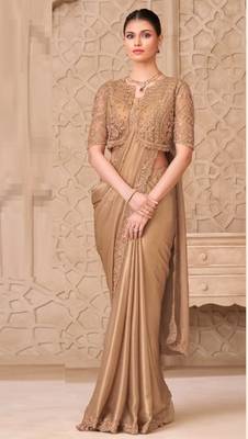 Beige georgette embroidered party-wear-saree 3