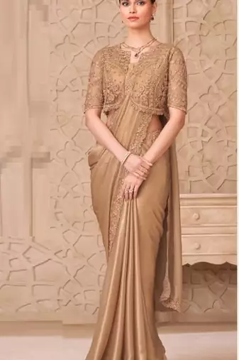 Beige georgette embroidered party-wear-saree