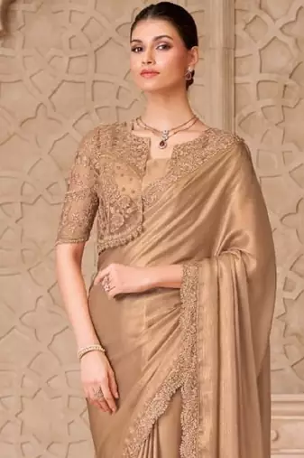 Beige georgette embroidered party-wear-saree