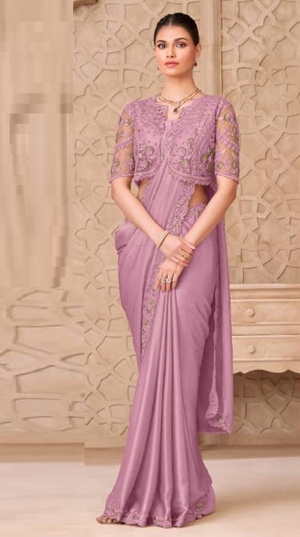 Mauve georgette embroidered party-wear-saree