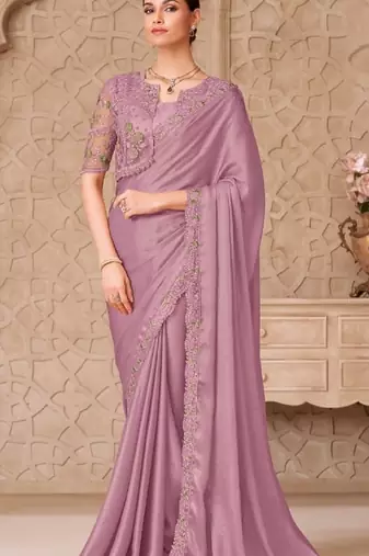 Mauve georgette embroidered party-wear-saree
