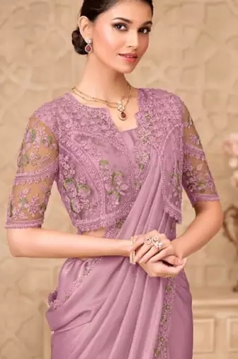 Mauve georgette embroidered party-wear-saree