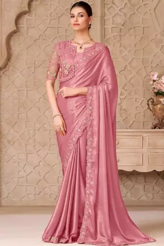 Pink georgette embroidered party-wear-saree
