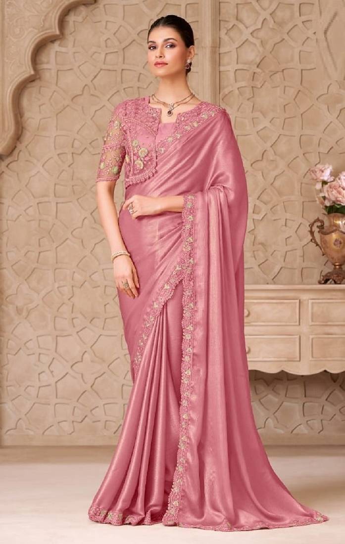 Pink georgette embroidered party-wear-saree