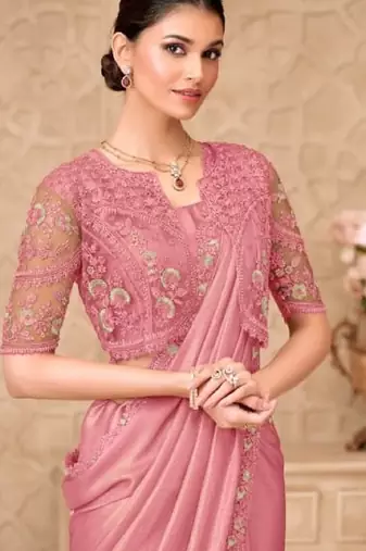 Pink georgette embroidered party-wear-saree