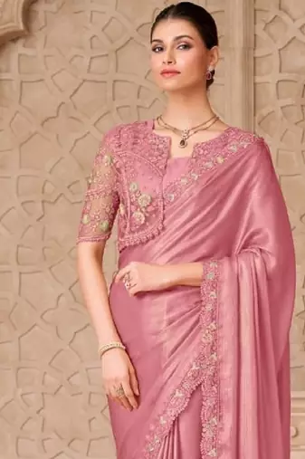 Pink georgette embroidered party-wear-saree