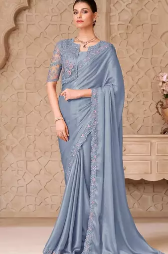 Grey georgette embroidered party-wear-saree