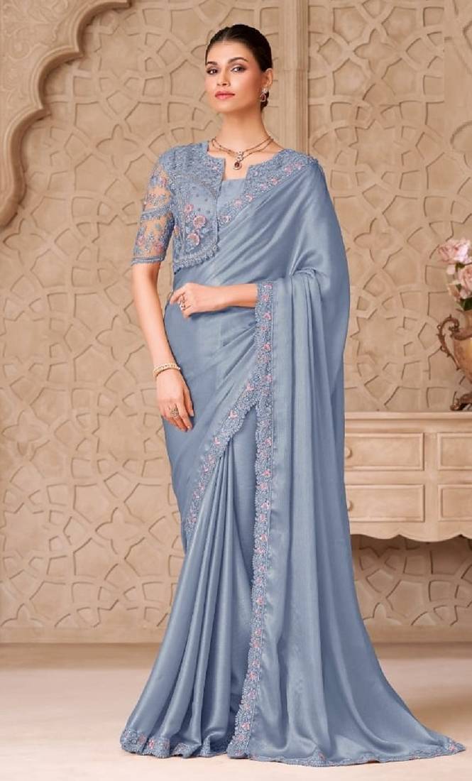 Grey georgette embroidered party-wear-saree