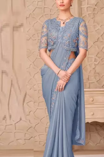 Grey georgette embroidered party-wear-saree
