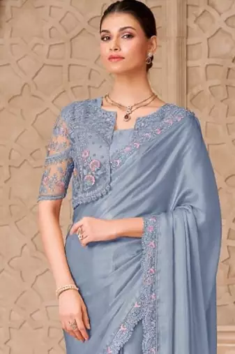 Grey georgette embroidered party-wear-saree