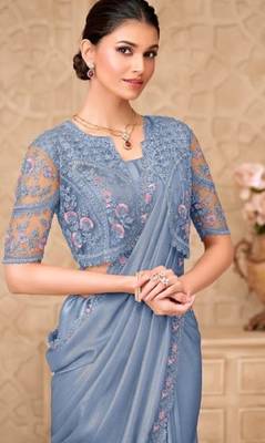 Grey georgette embroidered party-wear-saree 4