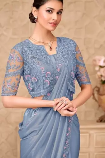 Grey georgette embroidered party-wear-saree