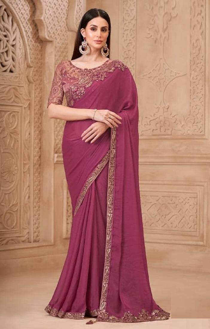 Mauve georgette embroidered -saree
