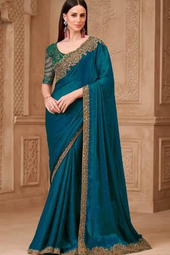 Teal georgette embroidered bollywood-saree