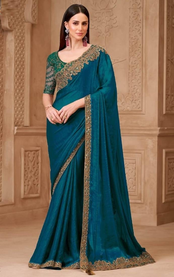 Teal georgette embroidered bollywood-saree