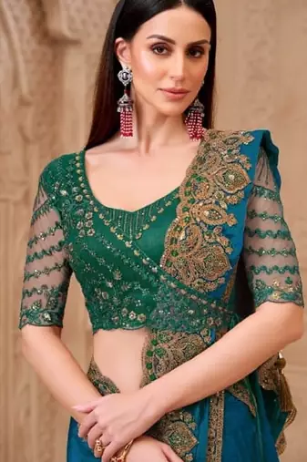 Teal georgette embroidered bollywood-saree