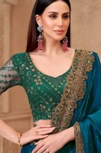 Teal georgette embroidered bollywood-saree
