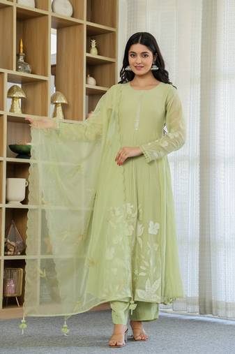 Women's Gorgeous Thread Work Chanderi Silk Fabric Flared Anarkali Pant and Dupatta Set
