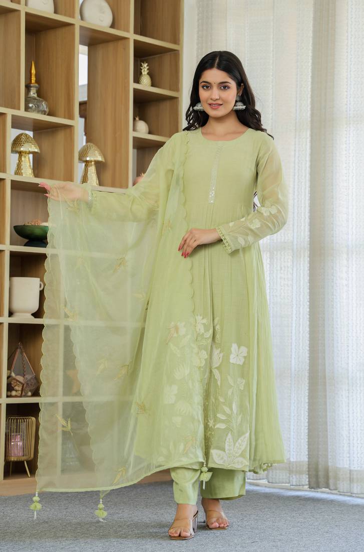 Women's Gorgeous Thread Work Chanderi Silk Fabric Flared Anarkali Pant and Dupatta Set