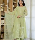 Women's Gorgeous Thread Work Chanderi Silk Fabric Flared Anarkali Pant and Dupatta Set