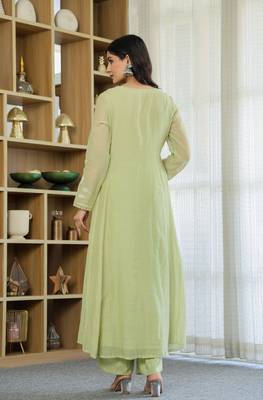 Women's Gorgeous Thread Work Chanderi Silk Fabric Flared Anarkali Pant and Dupatta Set 4