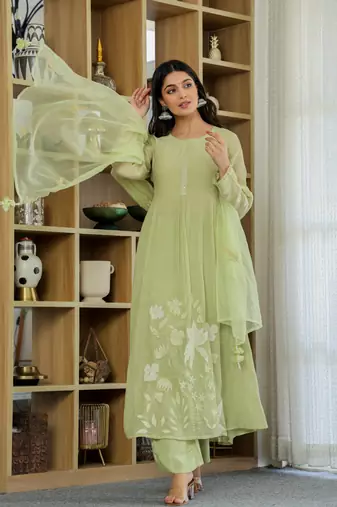 Women's Gorgeous Thread Work Chanderi Silk Fabric Flared Anarkali Pant and Dupatta Set